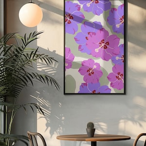 Purple and Pink Abstract Hibiscus Seamless Pattern | Boho Digital Paper | Printable Background | Scrapbooking Crafts | wallpaper | art | png