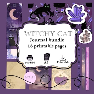 Op de afbeelding: Een digitale journal-bundel met 18 printbare pagina's in een paars thema. Het ontwerp bevat zwarte katten, maansikkels, kristallen en toverdrankjes. Tekst: WITCHY CAT, Journal bundle, 18 printable pages, 300 DPI, A5, Printable, NO AI.