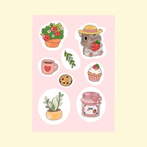 Cottagecore Sticker Sheet | A5 Printable Journal Stickers | Pink Jam Pot Hamster Strawberry | Digital Download