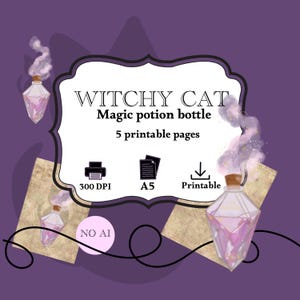 Magic Potion Bottle Printable | Witchy Cat Elixir PNG | Dark Academia Clipart