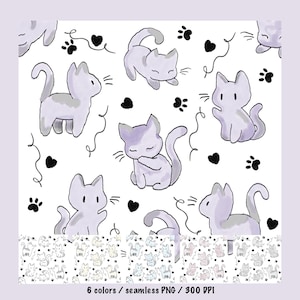 Op de afbeelding: Een digitaal patroon met lichtpaarse cartoonkatten in verschillende houdingen op een witte achtergrond, afgewisseld met zwarte pootafdrukken en hartvormen. Het onderste gedeelte toont zes kleurvariaties van hetzelfde kattenpatroon met de tekst 6 colors / seamless PNG / 300 DPI.