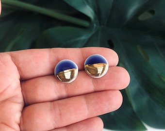 Round blue porcelain earring on silver plated backs