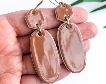 Warm tan, brown oval earrings on gold plated wires