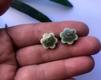 Green porcelain flower earrings on silver plated backs