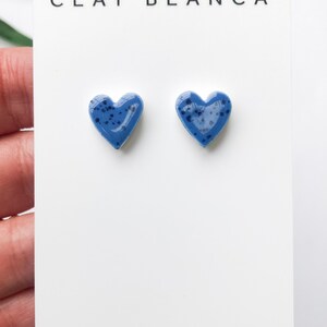 Speckled blue heart earrings on silver plated backs image 3