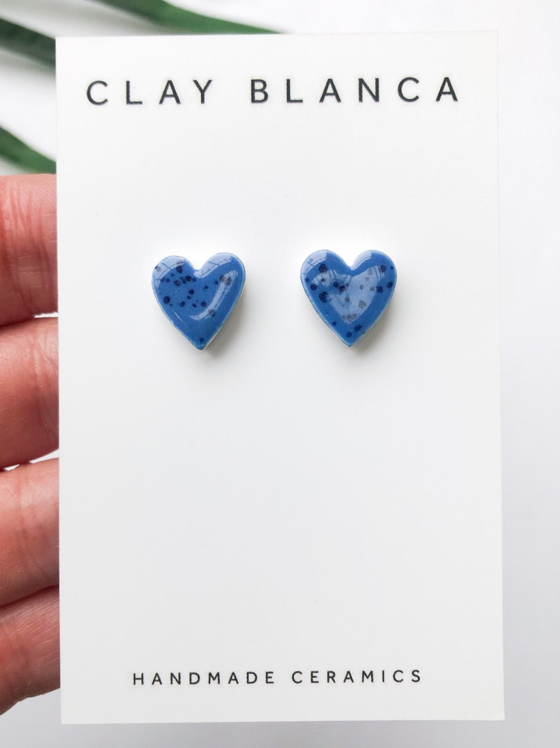 Speckled blue heart earrings on silver plated backs image 3