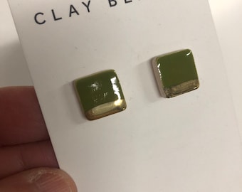 Olive green square studs on silver plated backs