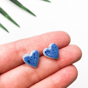 Speckled blue heart earrings on silver plated backs image 2