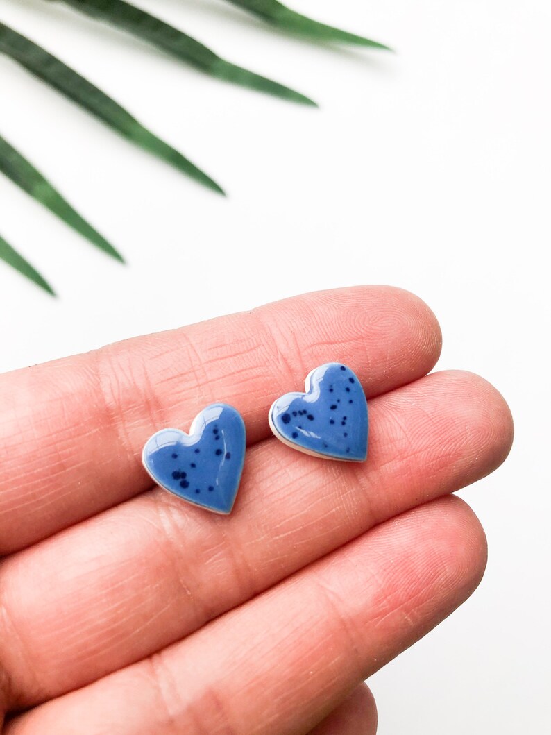Speckled blue heart earrings on silver plated backs image 2