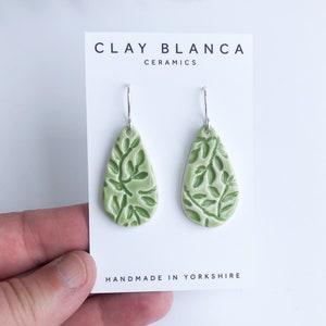 Lime Green porcelain teardrop earrings on silver plated hooks