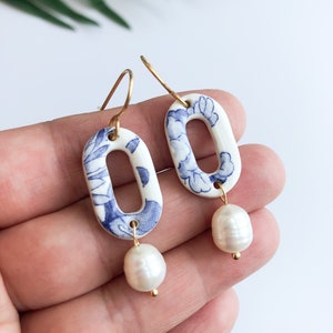 Oval Vintage blue china - oval earrings with pearl drops on gold plated hooks, delft blue earrings, delft jewellery, ceramic jewellery