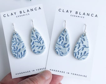 Baby Blue porcelain teardrop earrings on silver plated hooks