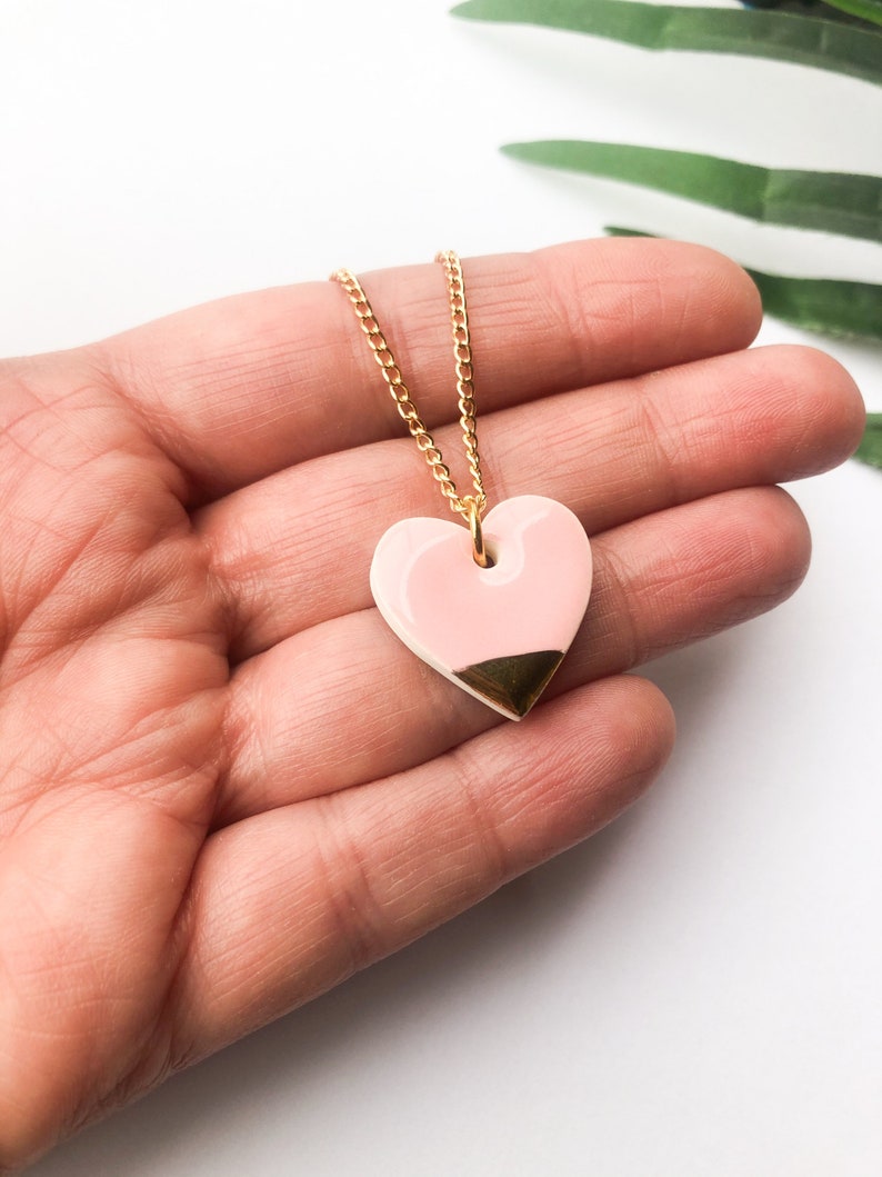 Light Pink heart necklace on gold plated chain image 1