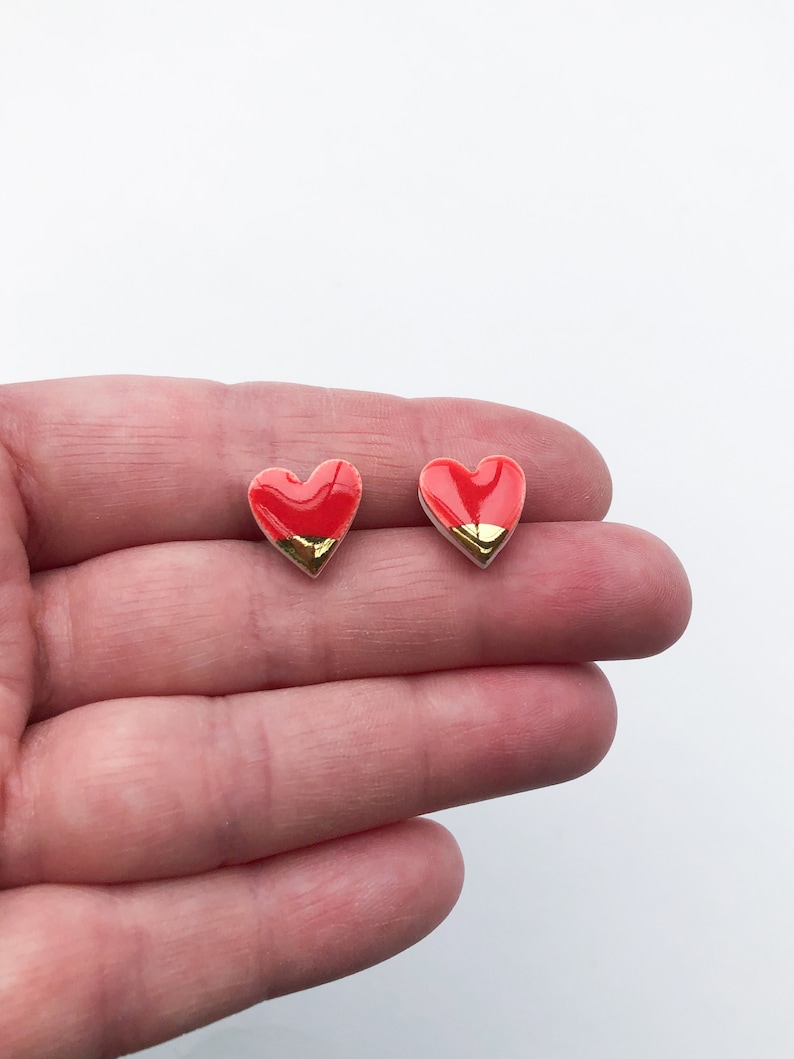 Strawberry red heart earrings on silver plated image 1