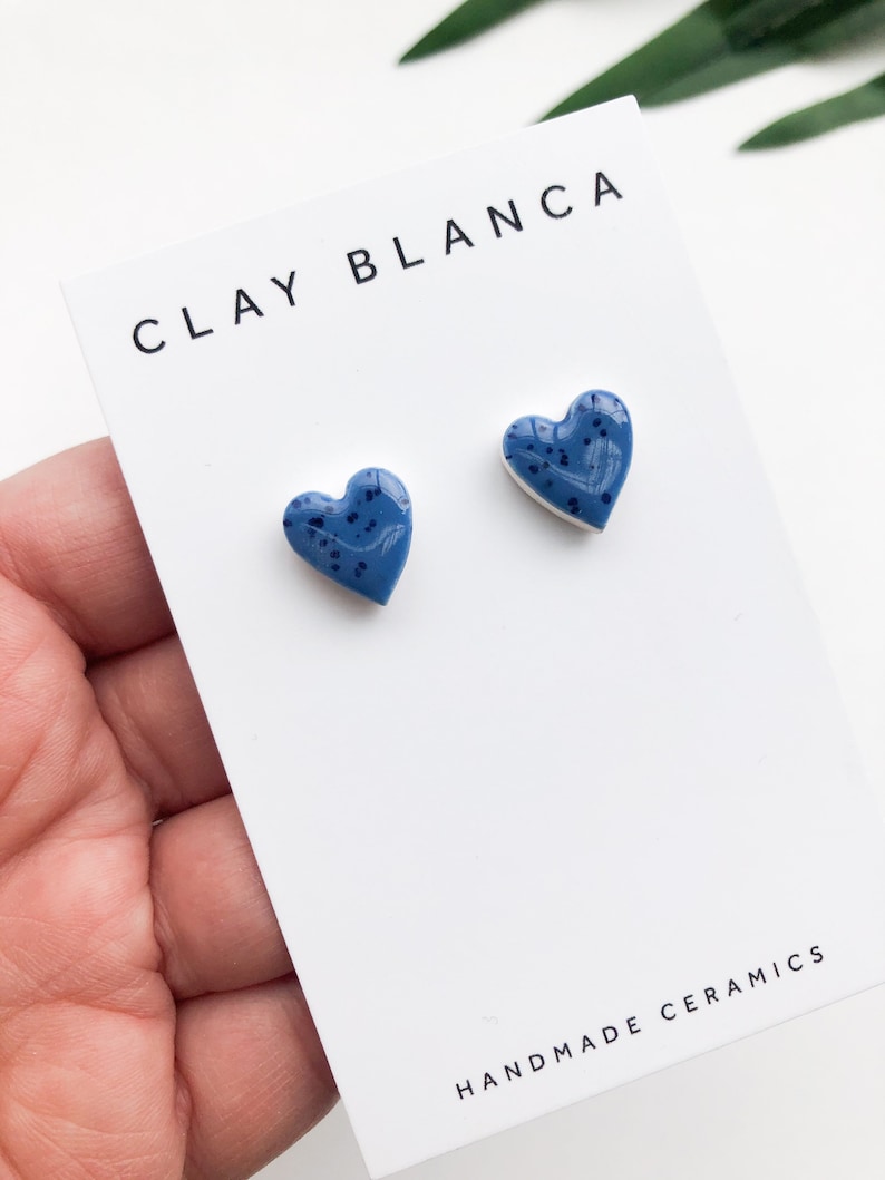 Speckled blue heart earrings on silver plated backs image 9