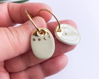 Sage green porcelain hoop earrings - gold plated