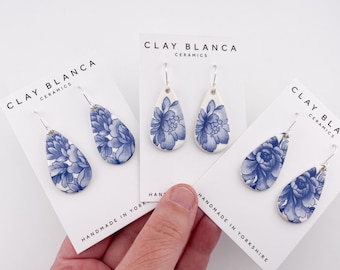 Vintage blue china - teardrop earrings on silver plated wire, delft blue earrings, delft jewellery, ceramic earrings, blue porcelain dangles
