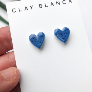 Speckled blue heart earrings on silver plated backs image 8