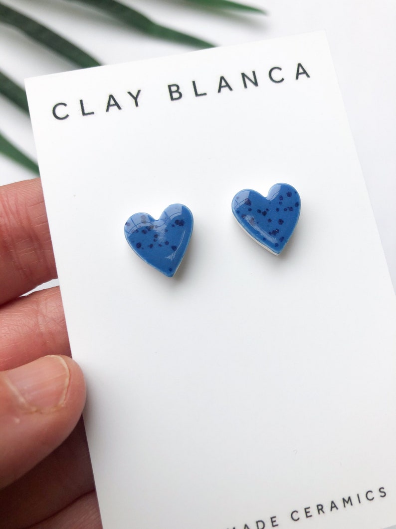 Speckled blue heart earrings on silver plated backs image 8