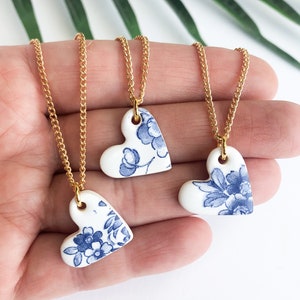Vintage blue china heart necklace on 18&#39;&#39; gold plated chain, delft blue necklace, delft jewellery, ceramic necklace, porcelain heart pendant