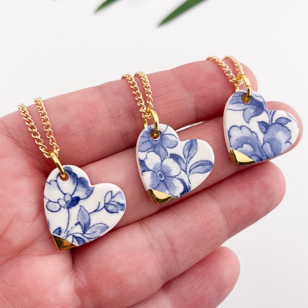 Vintage blue china heart necklace - 18'' gold plated chain, delft blue necklace, delft jewellery, ceramic heart necklace, porcelain pendant