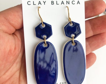 Royal blue oval earrings on gold plated wires