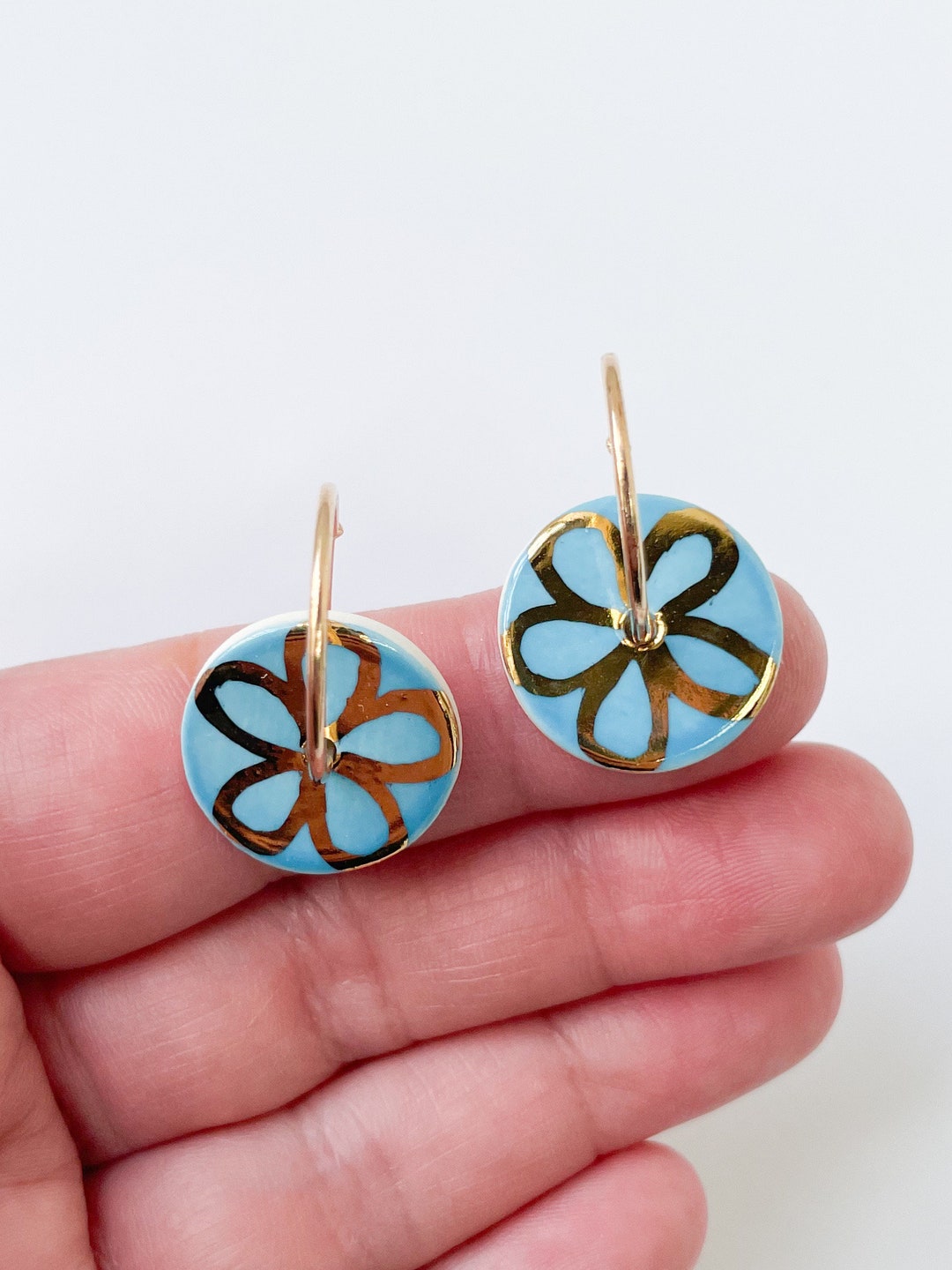 Azure Blue Round Earring With Hand Painted Gold Flower, Porcelain ...