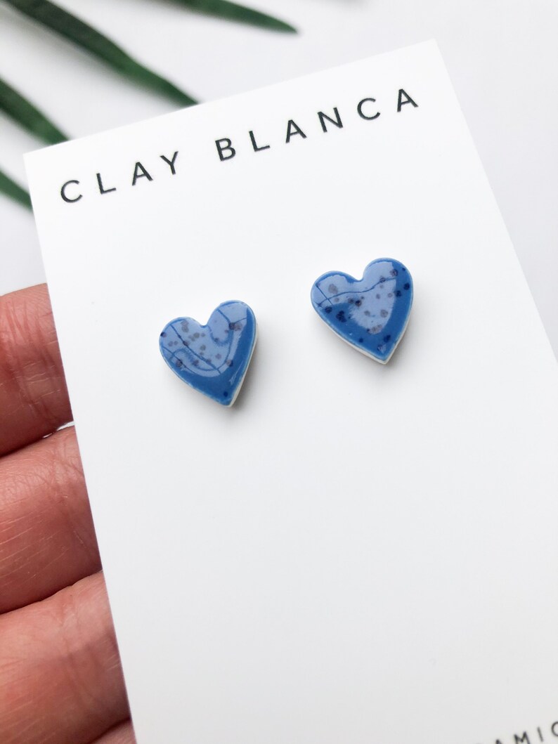 Speckled blue heart earrings on silver plated backs image 7