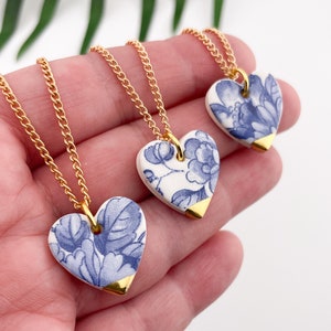 Vintage blue china heart necklace - 18&#39;&#39; gold plated chain, delft blue necklace, delft jewellery, ceramic heart necklace, porcelain pendant