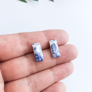 Vintage blue china - rectangle stud earrings, delft blue earrings, delft jewellery, geometric rectangle studs, porcelain ceramic studs