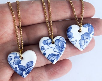 Vintage blue china heart necklace - 18'' gold plated chain, delft blue necklace, delft jewellery, ceramic heart necklace, porcelain pendant