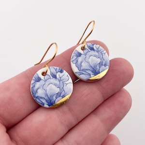 Vintage blue china - dangle earrings on gold plated hooks, delft blue earrings, blue china earrings, round geometric earrings, porcelain