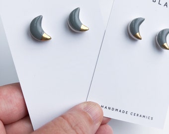 Dark grey - moon earrings on silver plated studs