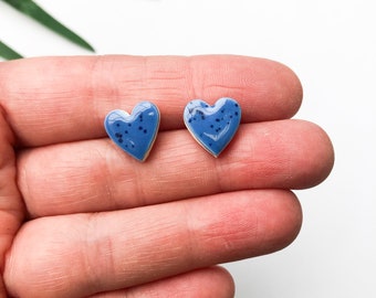 Speckled blue heart earrings on silver plated backs