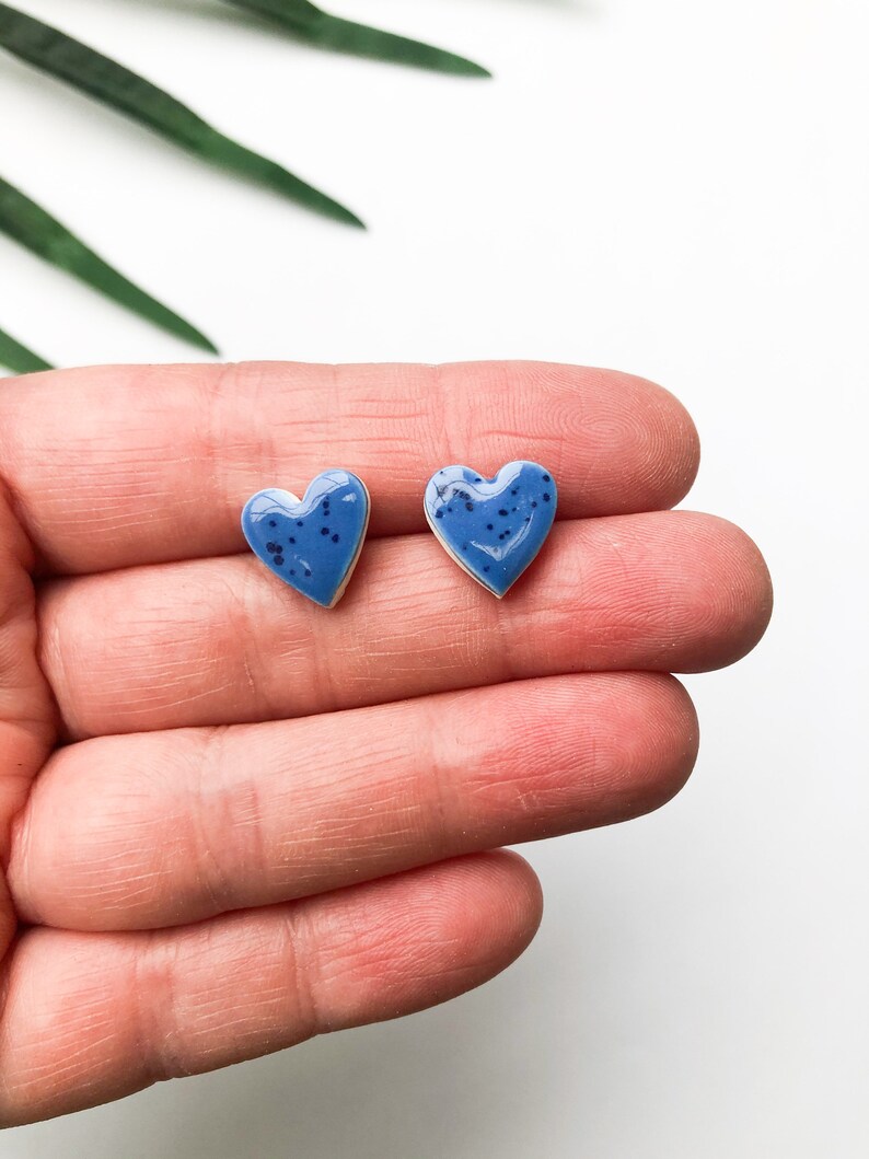 Speckled blue heart earrings on silver plated backs image 1