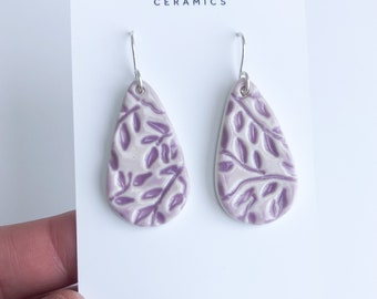 Lavender porcelain teardrop earrings on silver plated hooks