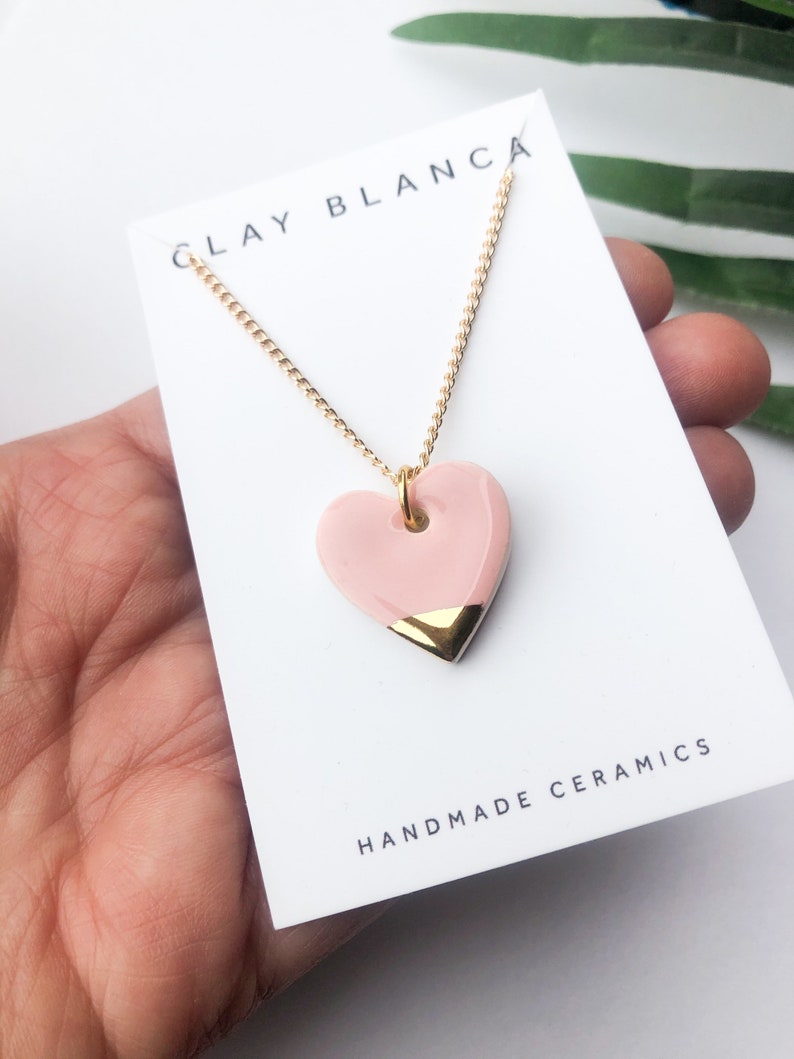 Light Pink heart necklace on gold plated chain image 3