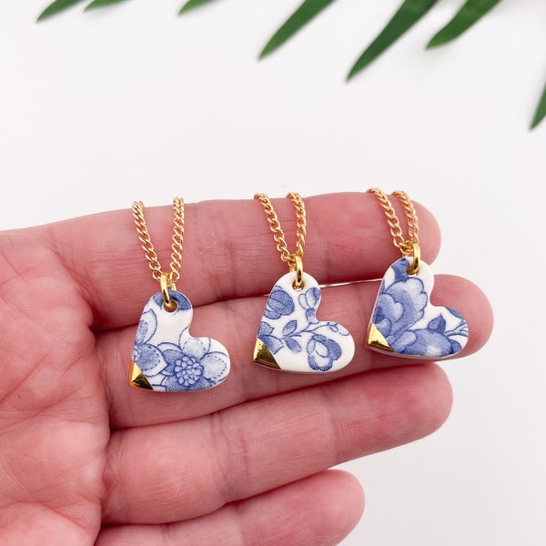 Vintage blue china heart necklace - 18'' gold plated chain, delft blue necklace, delft jewellery, ceramic heart necklace, porcelain pendant