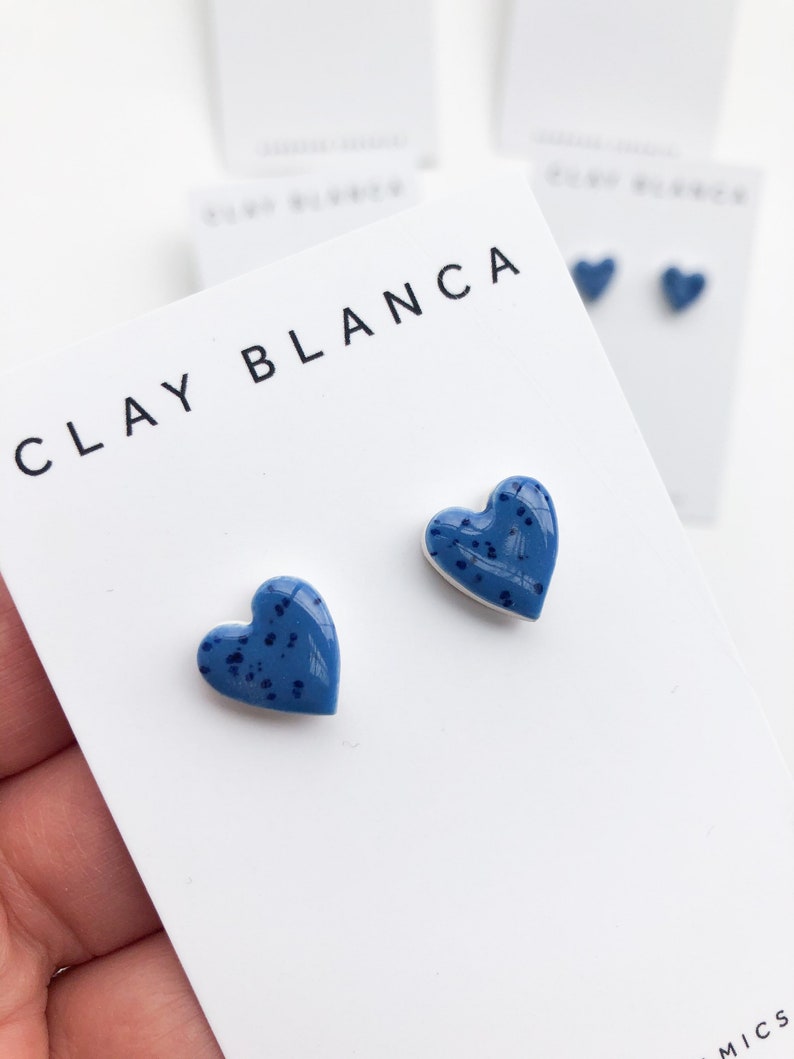 Speckled blue heart earrings on silver plated backs image 4