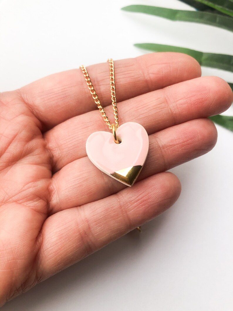 Light Pink heart necklace on gold plated chain image 2