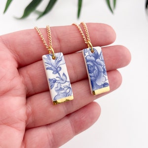 Vintage blue china Rectangle necklace - 18&#39;&#39; gold plated chain, delft blue necklace, delft jewellery, ceramic necklace, porcelain pendant