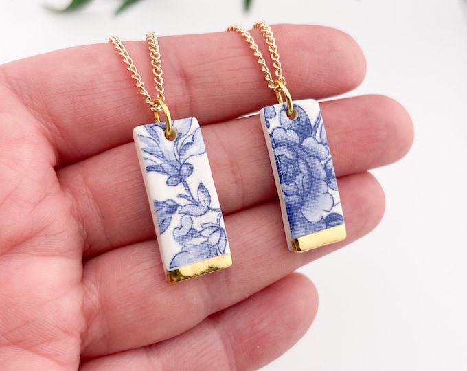 Vintage blue china Rectangle necklace - 18'' gold plated chain, delft blue necklace, delft jewellery, ceramic necklace, porcelain pendant