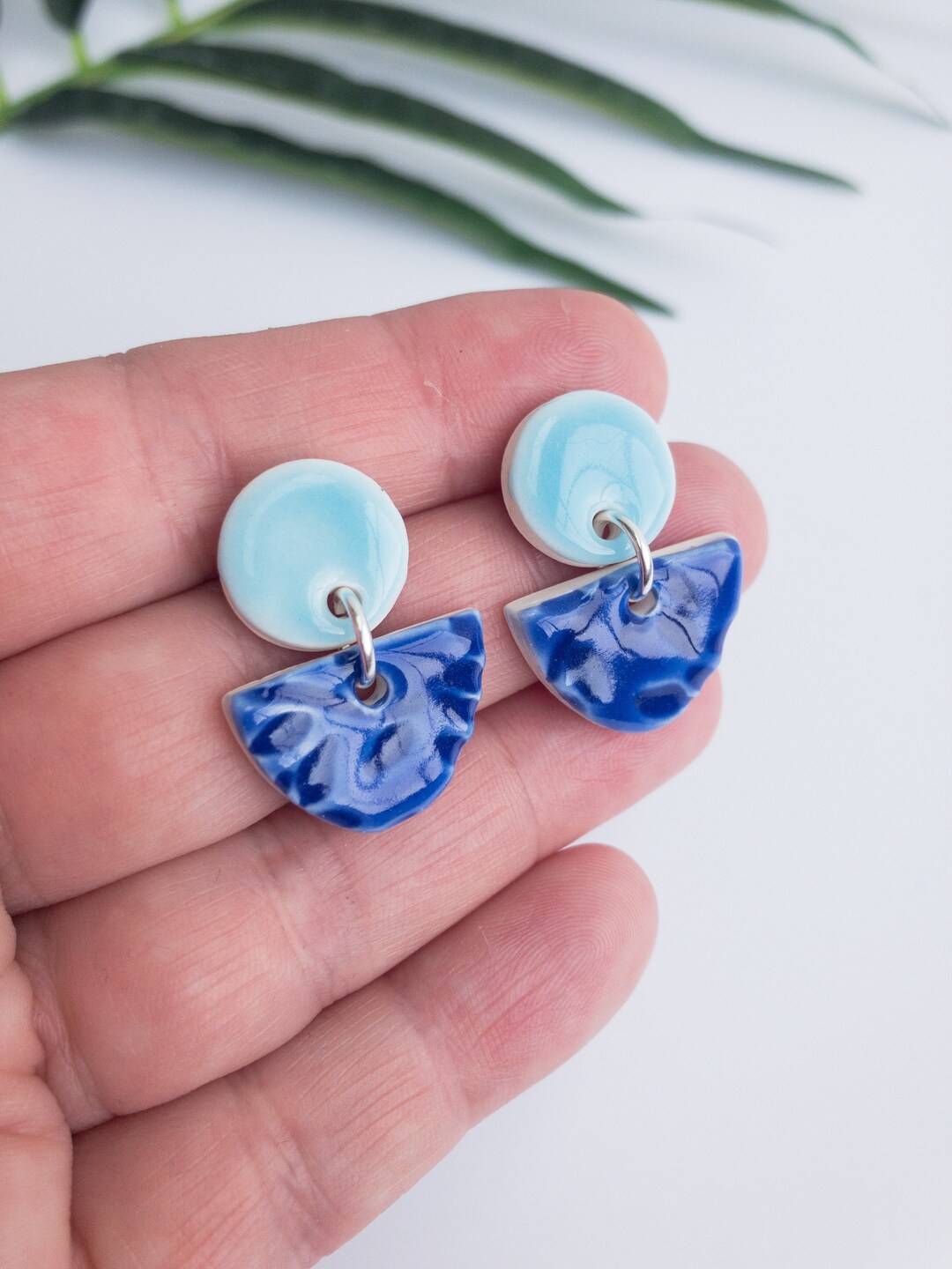 Round Blue Porcelain Earring on Silver Plated Backs Etsy