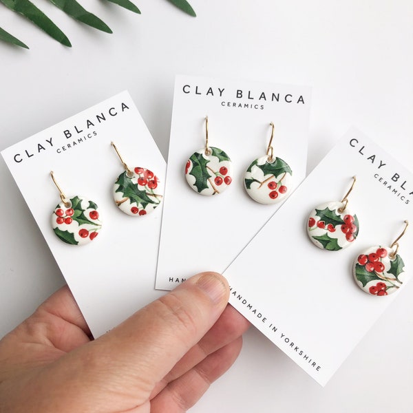 Christmas Holly with Berries - porcelain earrings on 24k gold plated hooks