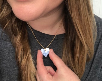 Vintage Blue China Heart Necklace - 18'' Gold Plated Chain