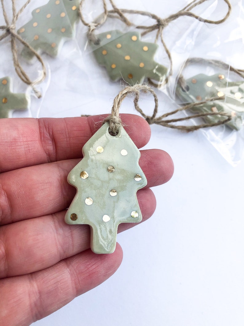 Sage green Christmas tree with gold dots, gift tag/ ornament