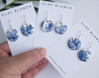 Vintage china - blue dangle earrings on silver plated hooks, delft blue earrings, blue china round earrings, round geometric earrings