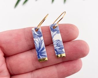 Vintage Blue China - rectangle porcelain dangle earrings with gold tips, Delft Blue jewellery, blue china porcelain, blue clay dangles