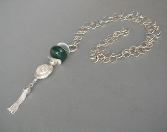 Crazy Green Silver" Long Emerald Silver Necklace