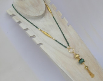 Emerald Long Silver Chain "Crazy Green Gold Spirit"